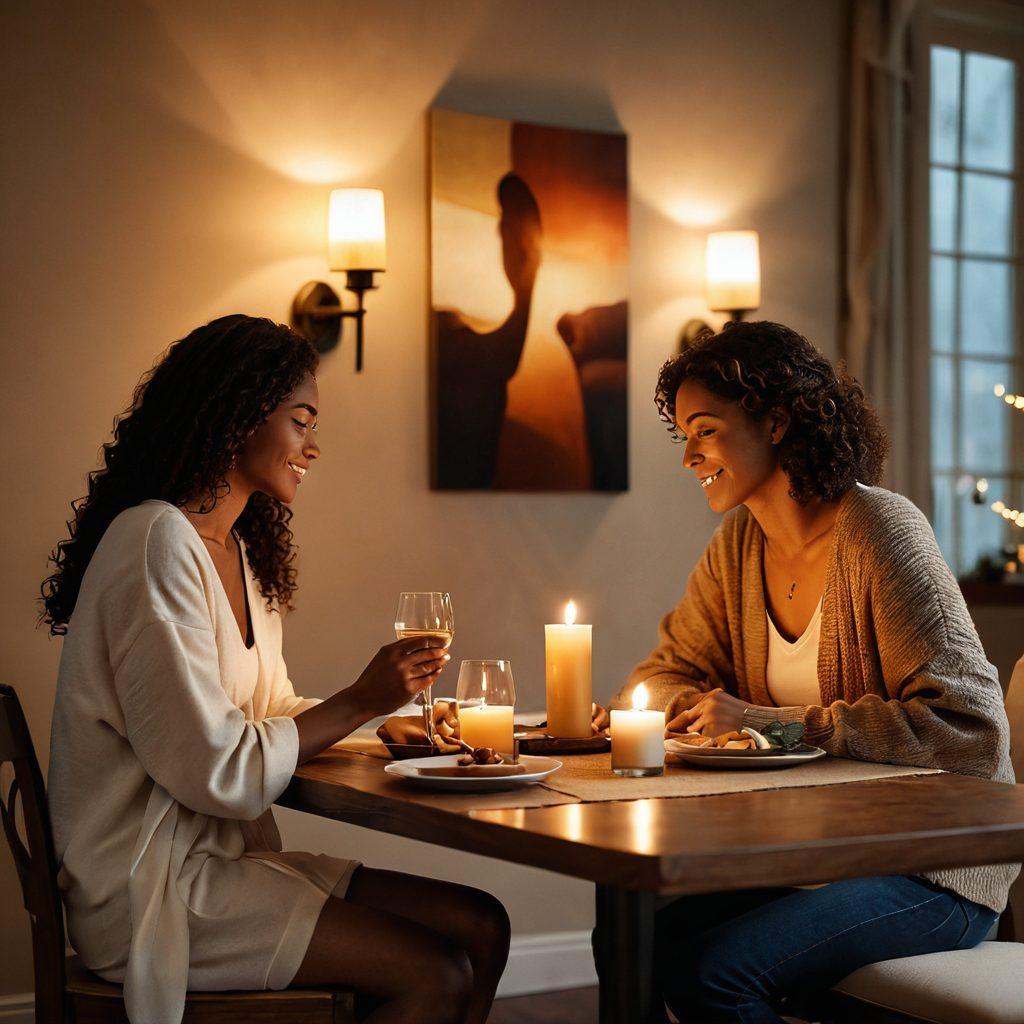 A warm and inviting scene featuring two diverse individuals engaging in a heartfelt conversation over a cozy candlelit dinner. Soft textures and warm colors set the ambiance, with subtle hints of intimacy reflected in their body language. Include elements like soft pillows, gentle lighting, and a touch of art depicting sexuality on the walls. The overall atmosphere should exude openness, comfort, and a sense of exploration. super-realistic. warm color palette. intimate setting.