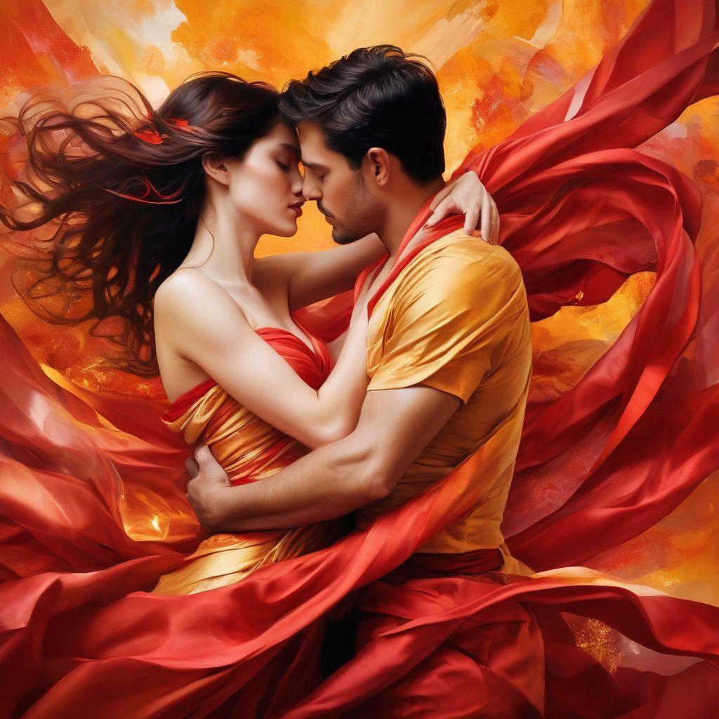 A vibrant, abstract representation of intimacy, featuring intertwined bodies surrounded by flowing ribbons of red and gold symbolizing passion and desire. The background should include soft, blurred silhouettes of sensual elements, like petals and soft fabrics, to evoke a sense of warmth and closeness. Include elements that suggest exploration and discovery, such as a compass and maps lightly integrated within the design. The overall tone should be inviting and alluring. digital painting. vibrant colors.