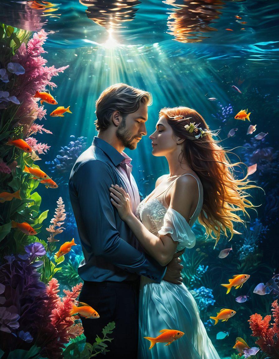 A serene underwater scene with a couple embracing, surrounded by flowing sea plants and luminous fish, evoking intimacy and passion. Soft rays of sunlight penetrate the water's surface, casting an ethereal glow on their faces, symbolizing connection and romance. The overall mood is enchanting and sensual, reflecting the theme of desire and love. vibrant colors. ethereal lighting. super-realistic.